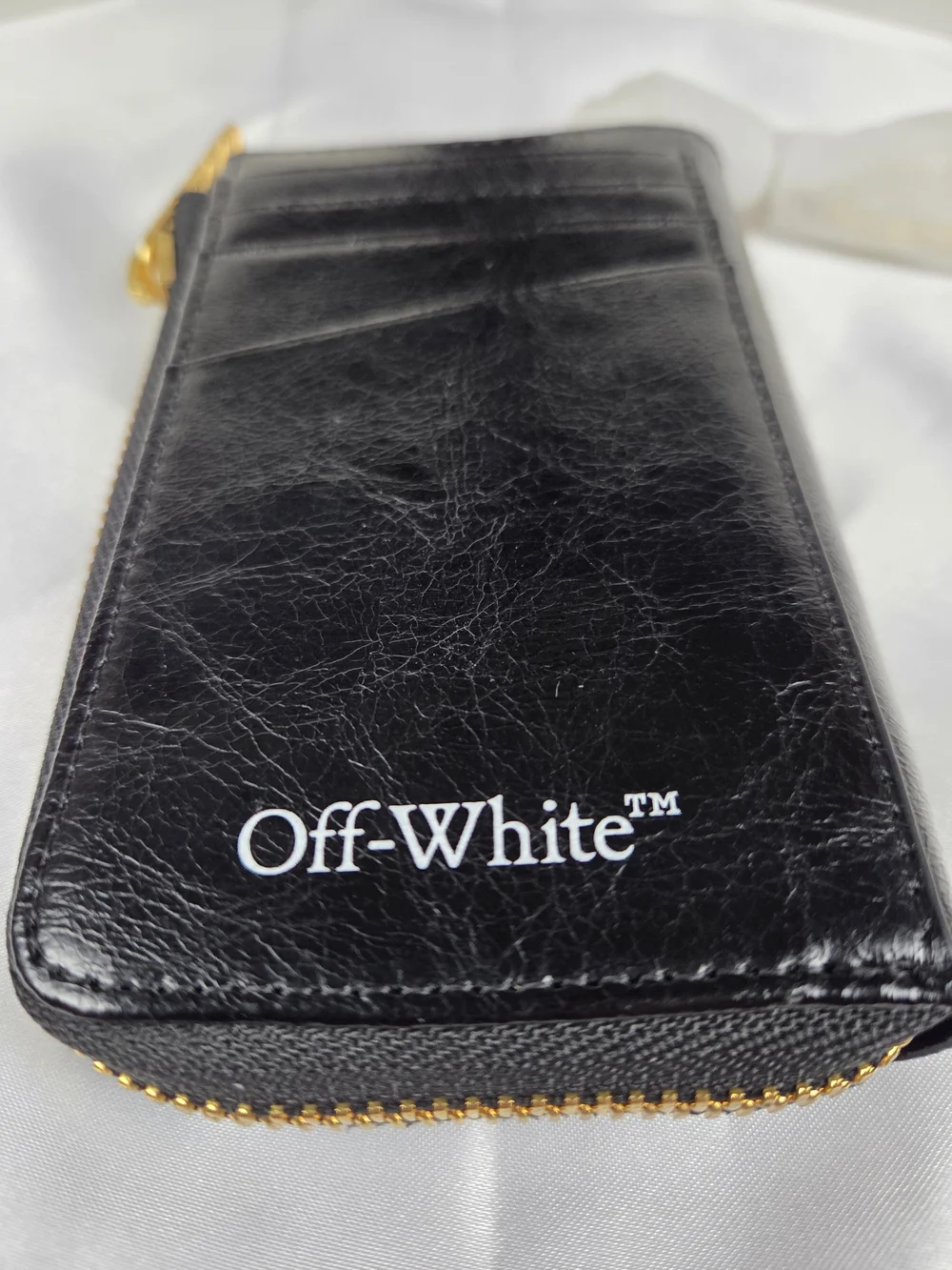Authentic Off-White Black Leather Zip Card Holder Wallet Gold Arrow Logo Card
